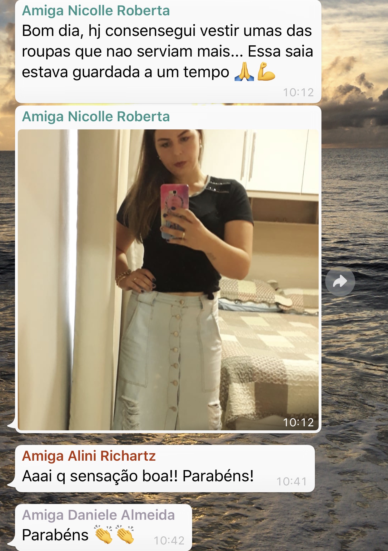 Print real de conversa com a aluna Nicolle e foto de progresso