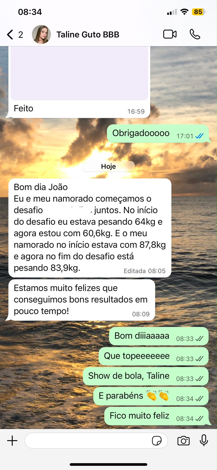 Print real de conversa com a aluna Taline